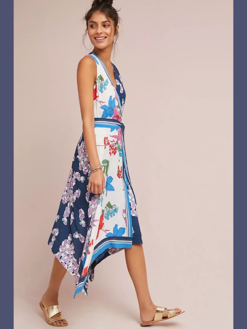Maeve Navy Blue and White Floral Asymmetrical Wrap Dress